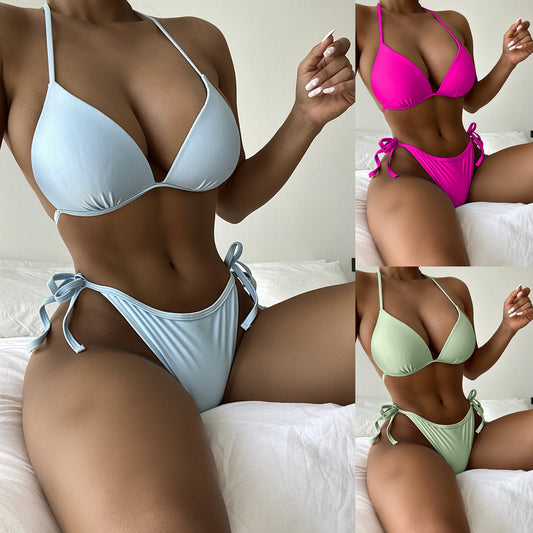 Strappy Solid Color Bikini